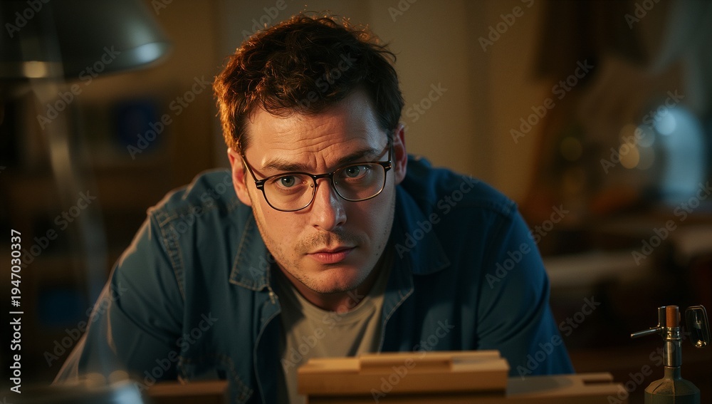 Obraz premium Leaning man in blue overshirt, tee examining wooden blocks in study with glasses, metal tool