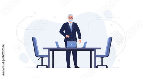 Elderly businessman in suit standing at conference table with laptops in modern office