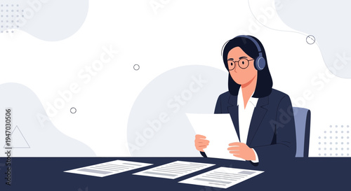 Businesswoman with headphones reading documents at desk, online meeting concept