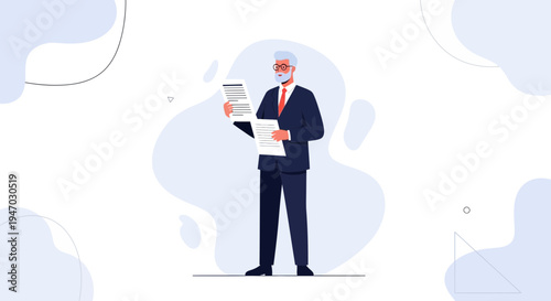 Elderly Businessman Reading Documents, Professional Man in Suit with Papers