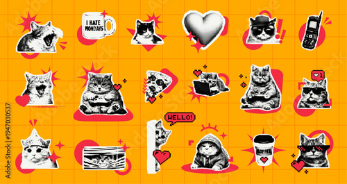 Set of cat meme sticker with pixel art aesthetic. Retro internet meme collection with funny kitten illustration. Digital decorative element for journal, scrapbooking and social media graphic design.