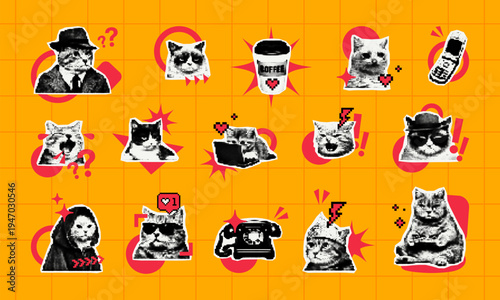 Set of cat meme sticker with retro pixel style. Diverse funny kitten character with coffee, phone and computer on orange background. Surreal humor design elements for digital decoration.