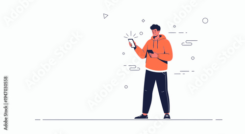 Man Holding Two Smartphones, One Showing Notification, Modern Flat Illustration