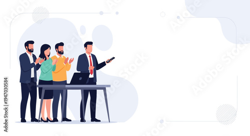 Business team applauds leader giving presentation, successful teamwork, achievement, corporate meeting