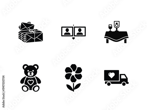 Collection of various icons including boxes, profiles, table, teddy bear, flower, and delivery truck with heart transparent background, vector of love icon set