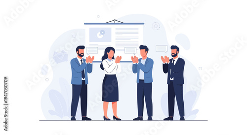 Business team applauding in front of a presentation board, celebrating success and teamwork.