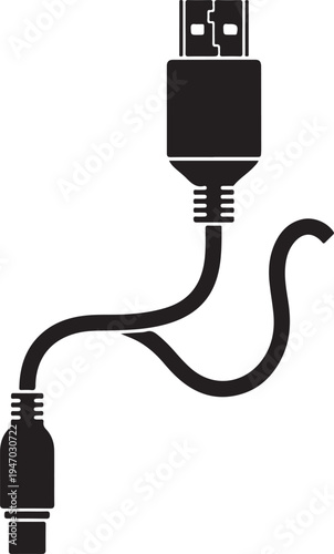 Black and white silhouette of a USB cable with two connectors.
