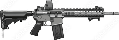 Modern assault rifle silhouette illustration, tactical firearm artwork, AR style weapon vector design, black and white combat gun drawing