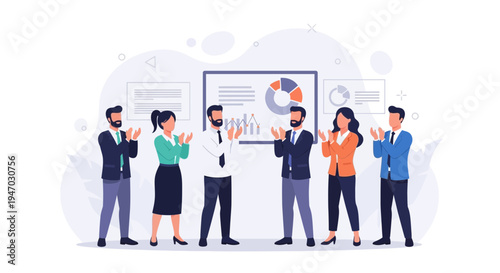 Business team applauding success at presentation with charts on screen