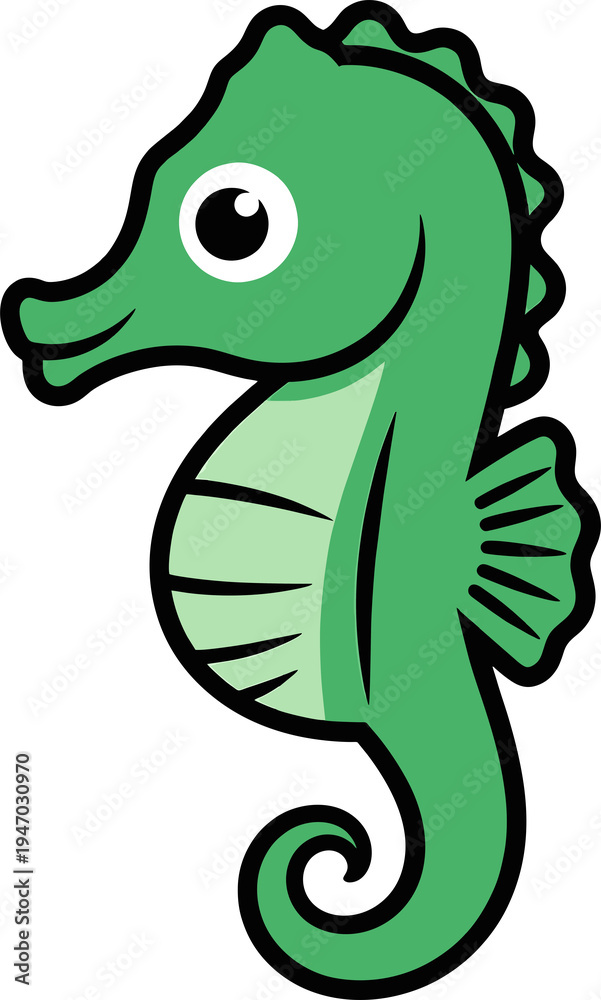 Fototapeta premium Cartoon Seahorse: A whimsical depiction of a smiling seahorse in vibrant green with a playful design.