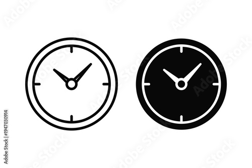 Clock Face Icon Set: Simple Time Display in Outline and Solid Styles