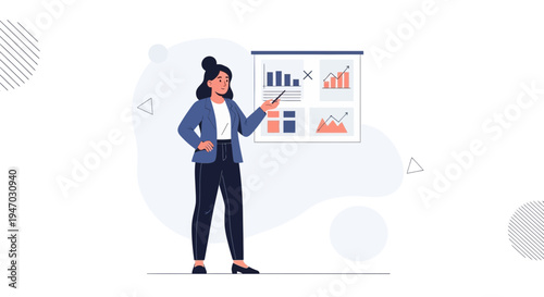 Businesswoman presenting financial charts on a whiteboard, data analysis and strategy concept