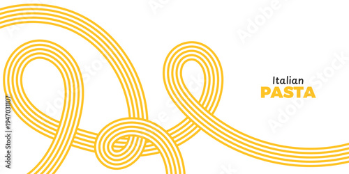 Yellow Pasta Pattern Background. Curved doodle ramen noodles and wave spaghetti lines. Abstract food texture. Menu poster. Asian cuisine packaging. Vector illustration