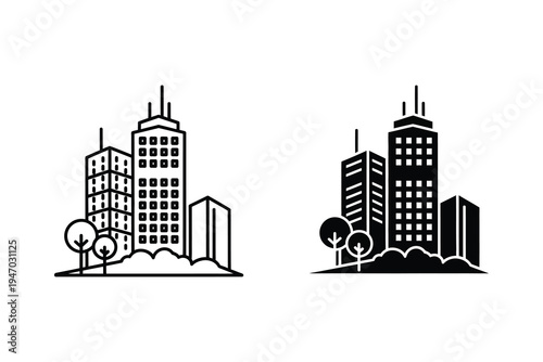 Modern Cityscape & Urban Park Icons - Buildings, Skyscrapers & Green Space