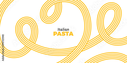 Yellow Pasta Pattern Background. Curved doodle ramen noodles and wave spaghetti lines. Abstract food texture. Menu poster. Asian cuisine packaging. Vector illustration