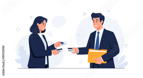 Business people exchanging credit cards and folder, financial transaction concept