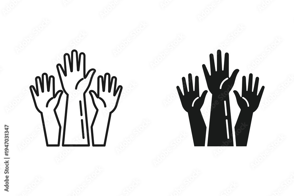 Obraz premium Raised Hands Icon Set - Line Art and Solid Style