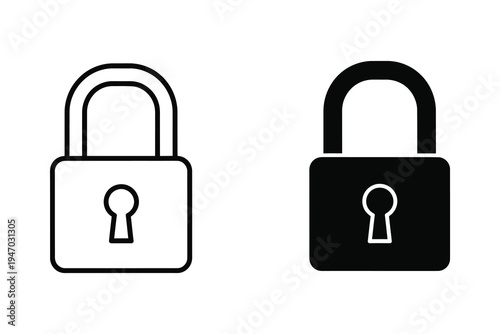 Security Padlock Icon Set: Outline and Solid Black Safety Lock Symbol Design