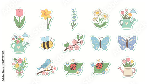 Colorful garden stickers with flowers and insects.