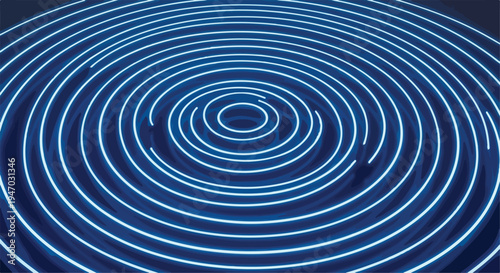 Abstract blue concentric circles vector background with glowing neon lines creating a futuristic ripple effect, ideal for technology, sound, or data visualization designs and digital