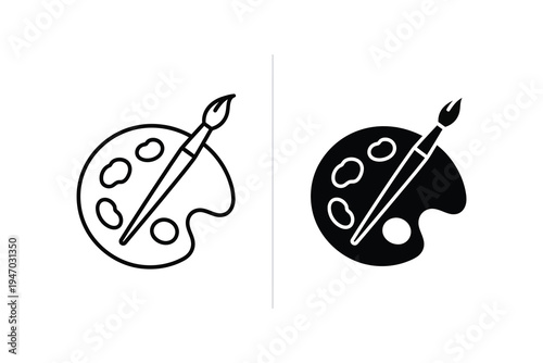 Artist's Palette and Brush Icon Set: Outline and Solid for Creative Arts