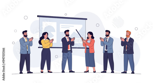 Business team applauding a successful presentation in front of a projector screen