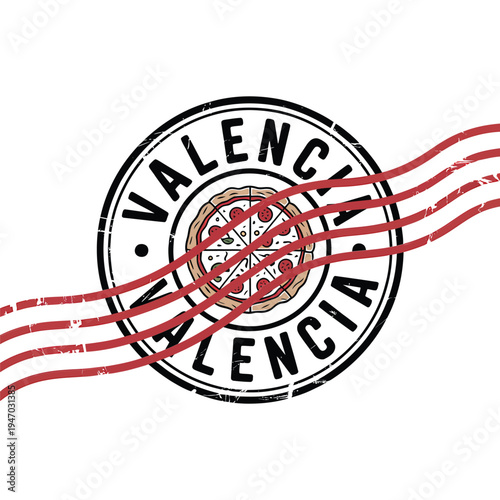 Valencia pizza stamp with red stripes a playful graphic design