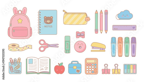 Colorful stationery and school supplies icons.