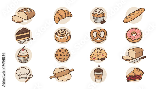 A variety of sweet baked goods icons.