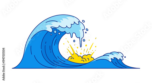 Cartoon wave crashing with sunburst