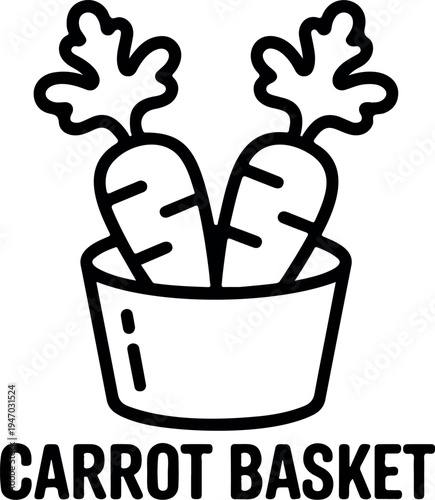 Carrot Basket Line Icon in Black Outline, Simple Vegetable Container, Organic Farm Food Vector Illustration Design