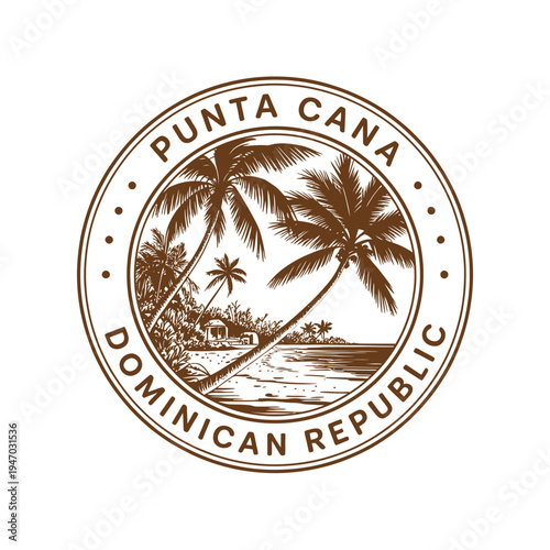 Vintage style emblem featuring palm trees and text for punta cana dominican republic