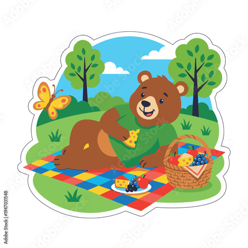 A cartoon bear having a picnic outdoors.
