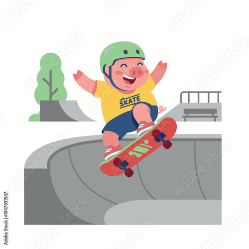 A cheerful child skateboarding in a park.