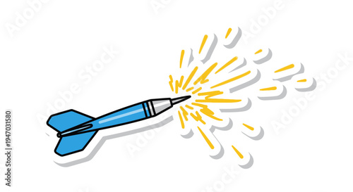 blue rocket launching with yellow sparks and smoke