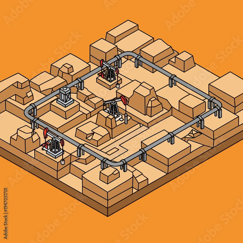 Isometric illustration of an oil field with pump jacks and pipelines in a desert.