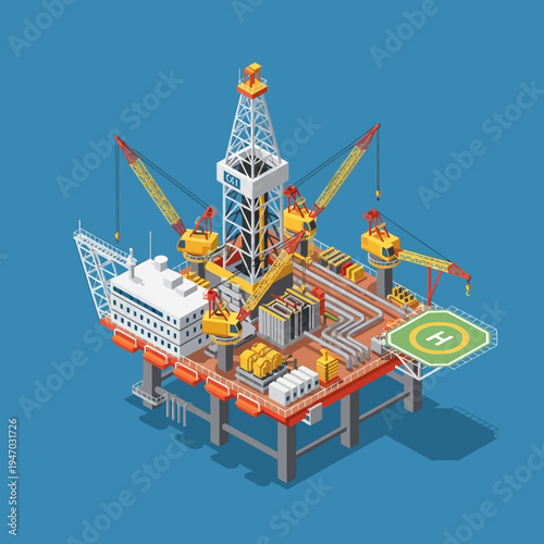 Isometric illustration of an offshore oil rig platform, detailed and colorful.