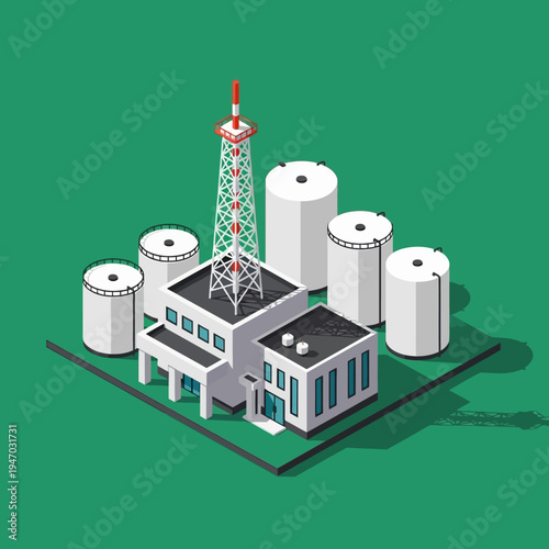 Isometric illustration of an industrial complex with storage tanks, a building, and a communication tower.