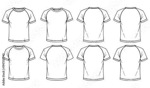 Blank T Shirt Template Set Featuring Multiple Front and Back Views for Apparel Design, Fashion Mockups, Clothing Branding, Printing, and Textile Presentation
