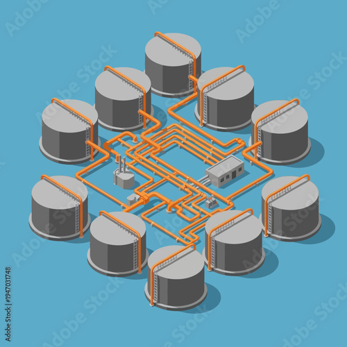 Isometric illustration of an oil refinery with storage tanks and pipelines on a blue background.