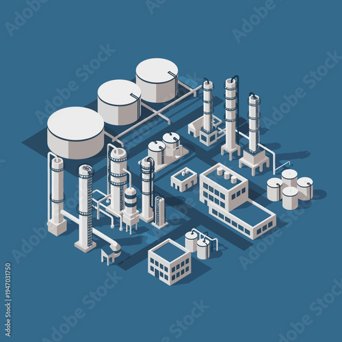 Isometric illustration of an industrial plant with tanks, towers, and buildings.
