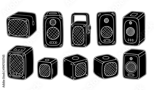 Portable Bluetooth Speaker Icon Set Featuring Wireless Audio Devices, Sound Systems, and Modern Gadget Designs for Music, Technology, and Electronic Product Illustration