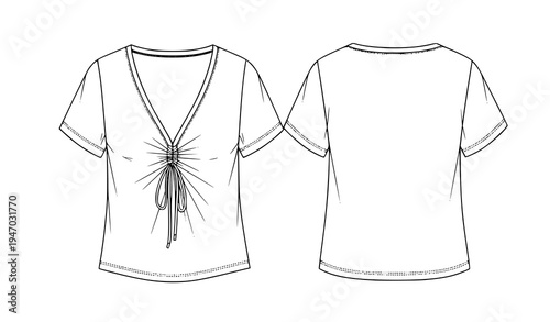 Women T Shirt Front and Back View with Drawstring Detail Line Art Template for Fashion Design, Apparel Mockup, Clothing Branding, and Textile Illustration