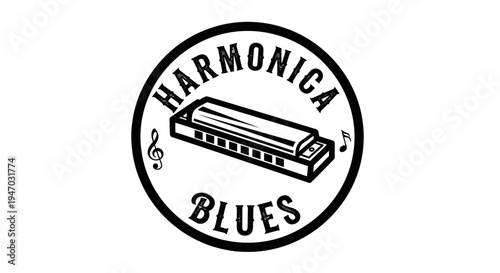Black and white harmonica illustration logo.