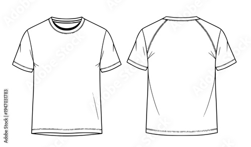 Blank T Shirt Template Front and Back View Line Art Illustration for Apparel Design, Mockup, Printing, Fashion Branding, and Clothing Presentation Use