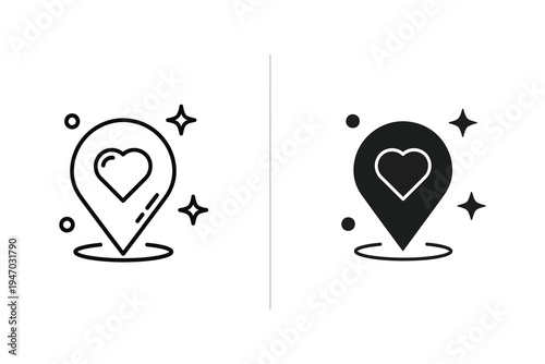 Heart location pin icon with sparkles, symbolizing favorite place, love, or special spot in two styles.