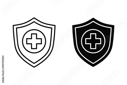 Shield and Plus Icon Set: Health Security and Medical Protection Symbols
