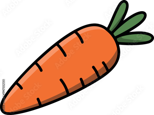 Cute Carrot Cartoon Icon, Colorful Hand-Drawn Vegetable Illustration, Simple Orange Carrot with Green Leaves Isolated Vector Design