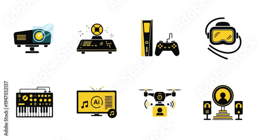 Set of 8 modern entertainment technology icons vector. Includes projector, game console, VR headset, synthesizer, smart TV, drone, and home theater system. Flat design for digital media and