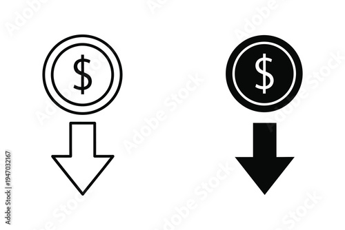 Dollar Coin Downward Arrow Icon Set: Financial Loss and Decline Symbols